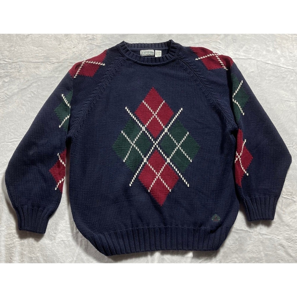 Izod Mens XL Navy Blue Argyle Crewneck Cotton Shaker Knit Sweater Raglan Sleeve